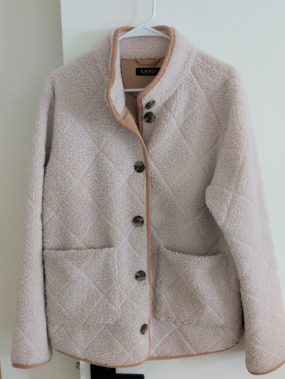 Lauren Ralph Lauren Cream Funnel Neck Quilted Sherpa Jacket with Tan Trim